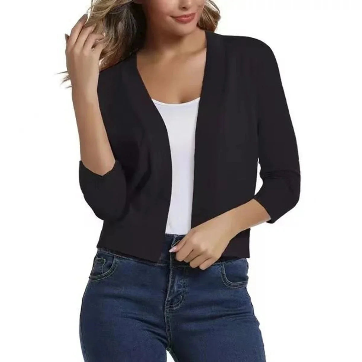 Women's Cropped Cardigan with Open-Front & 3/4 Sleeves - Front Pose Simple