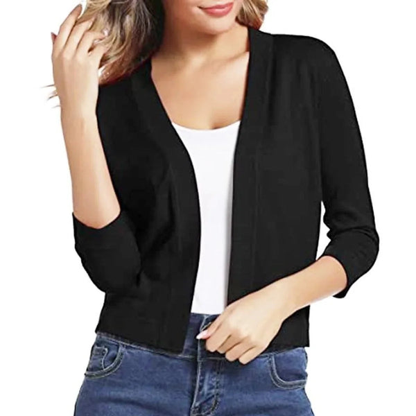 Women's Cropped Cardigan with Open-Front & 3/4 Sleeves