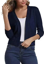 Sapphire Blue Women's Cropped Cardigan with Open-Front & 3/4 Sleeves - Front Pose Navy Alt