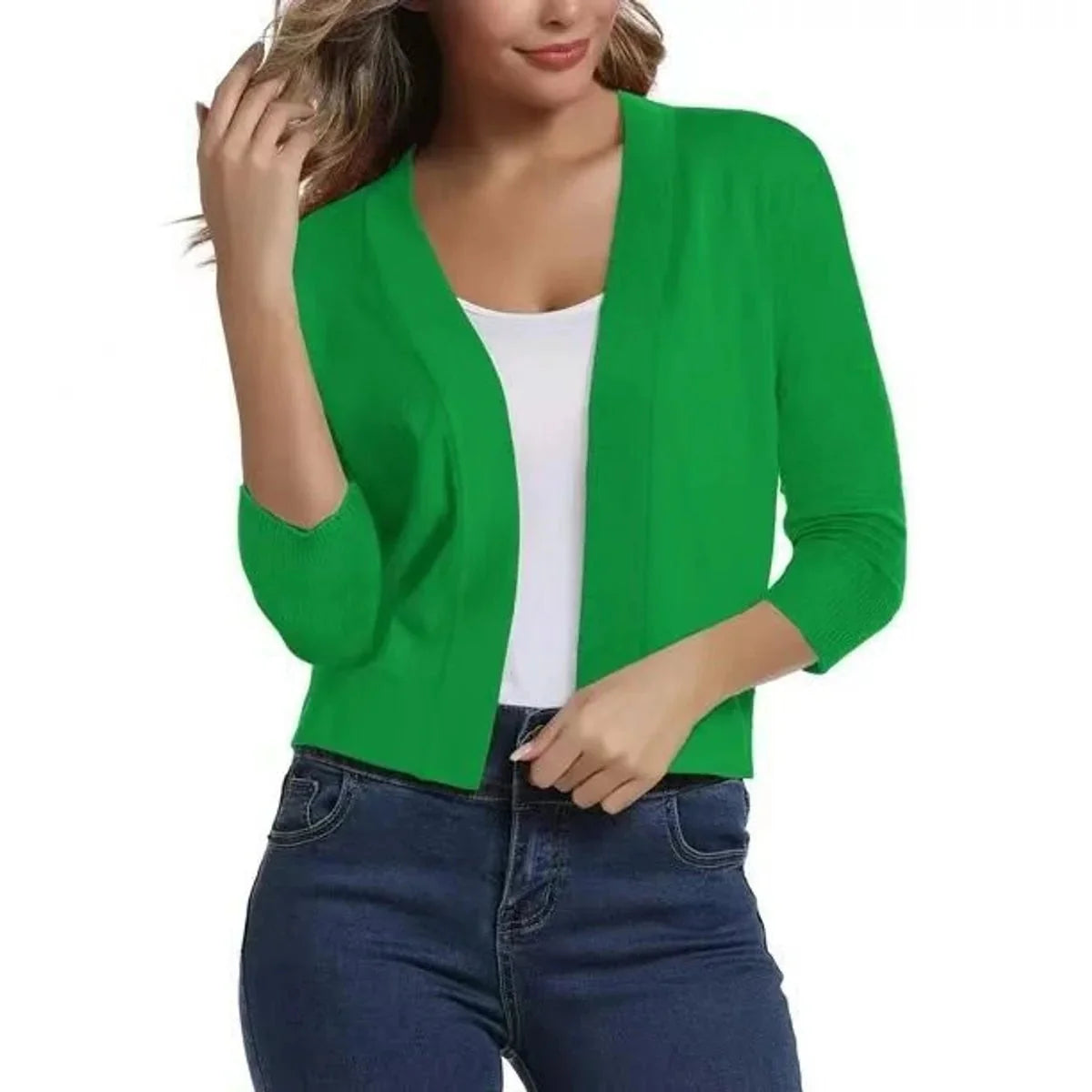Bright Green Women's Cropped Cardigan with Open-Front & 3/4 Sleeves