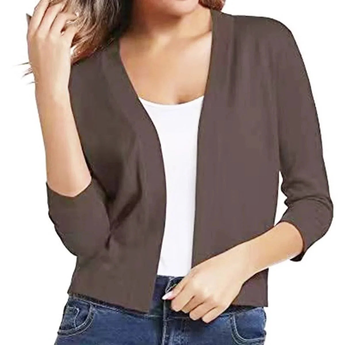 Women's Cropped Cardigan with Open-Front & 3/4 Sleeves - Front Pose Alt