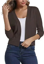 Brown Women's Cropped Cardigan with Open-Front & 3/4 Sleeves
