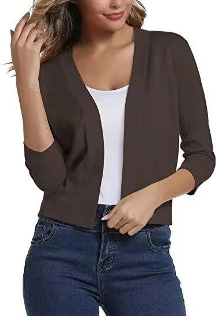 Brown Women's Cropped Cardigan with Open-Front & 3/4 Sleeves