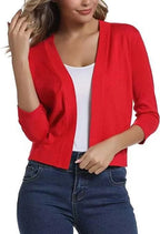 China Red Women's Open-Front Cropped Cardigan with 3/4 Sleeves