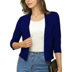 Blue Women's Cropped Cardigan with Open-Front & 3/4 Sleeves - Navy Blue