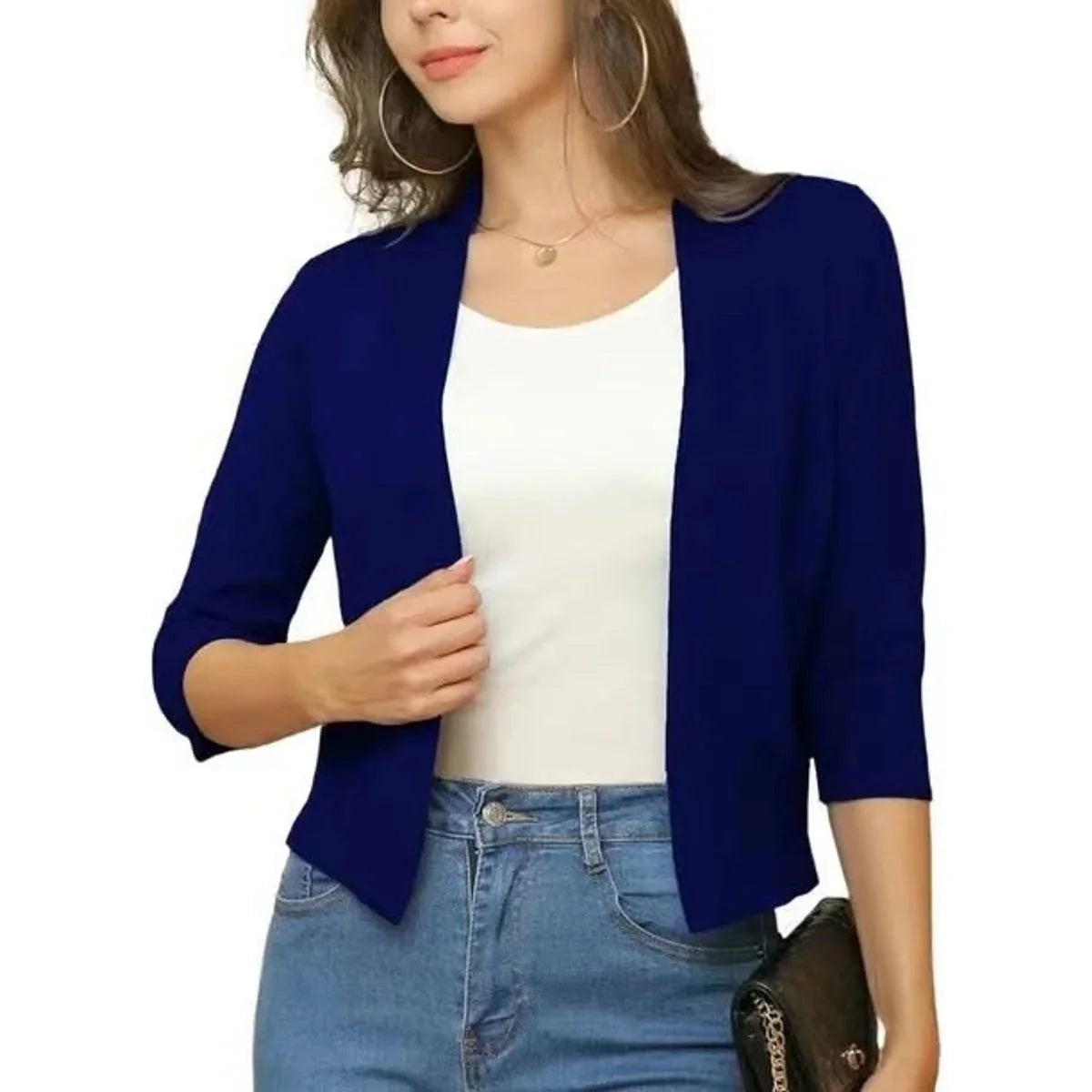 Blue Women's Cropped Cardigan with Open-Front & 3/4 Sleeves - Navy Blue