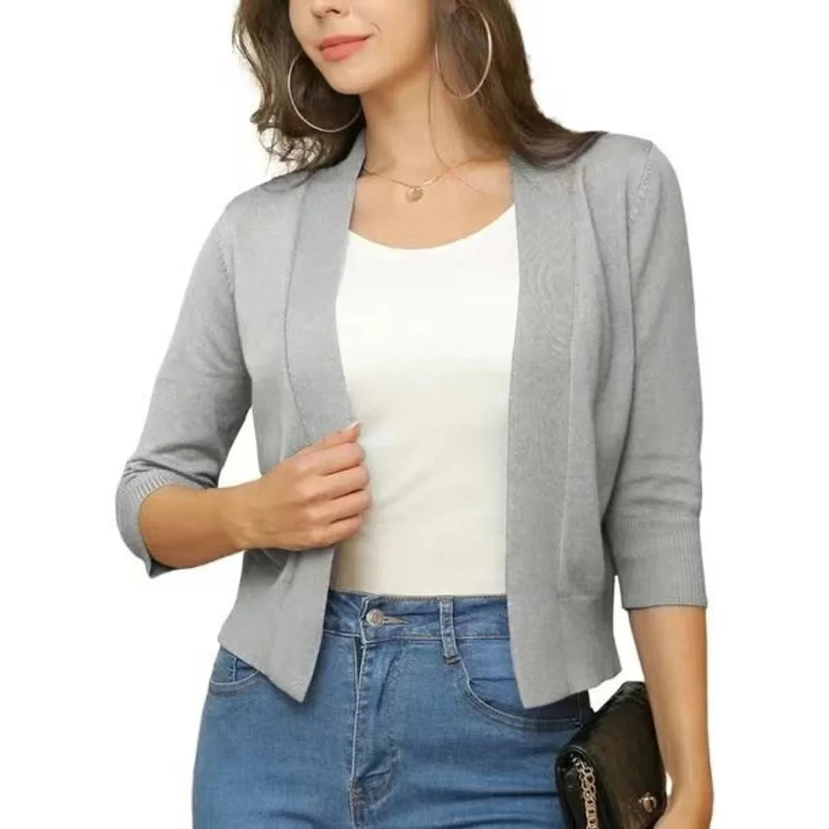 Silver Gray Women's Cropped Cardigan with Open-Front & 3/4 Sleeves
