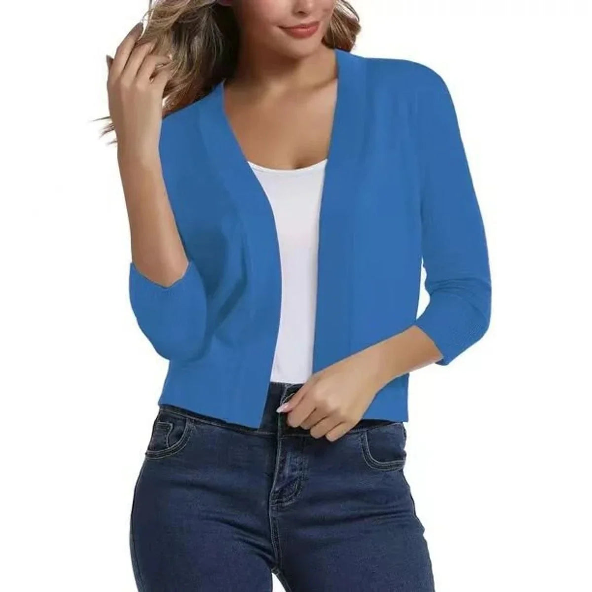 Women's Cropped Cardigan with Open-Front & 3/4 Sleeves - Blue