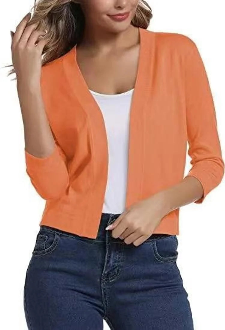 Orange Women's Open-Front Cropped Cardigan with 3/4 Sleeves
