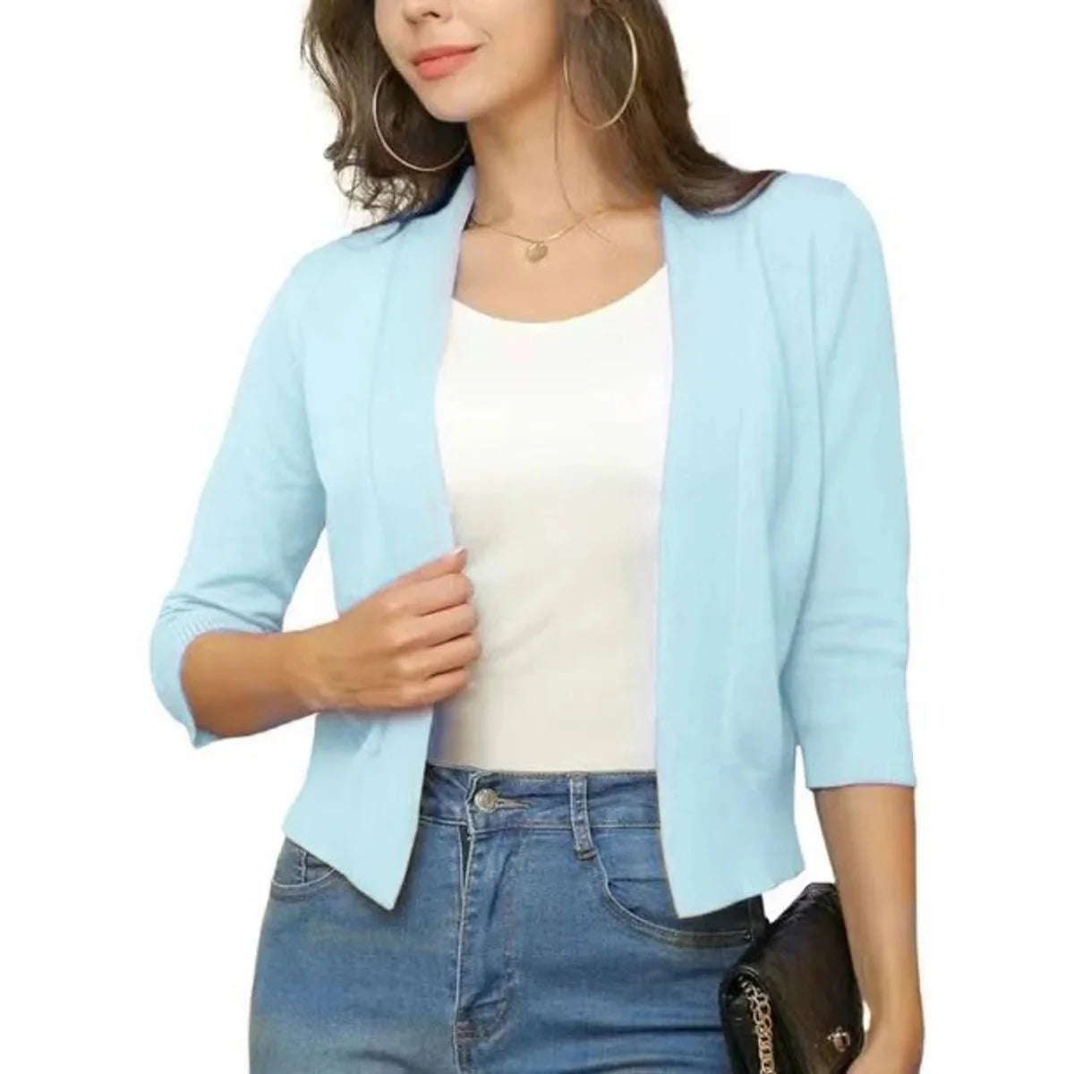 Pale Blue Women's Cropped Cardigan with Open-Front & 3/4 Sleeves