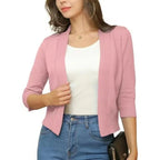 Rubber Red Women's Cropped Cardigan with Open-Front & 3/4 Sleeves - Front Pose Light Pink
