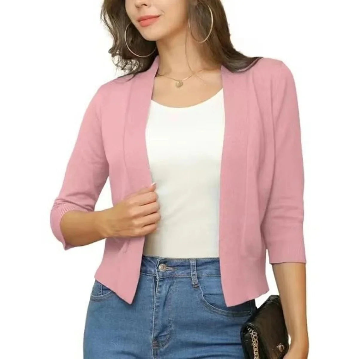 Rubber Red Women's Cropped Cardigan with Open-Front & 3/4 Sleeves - Front Pose Light Pink
