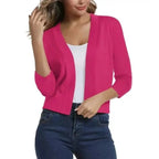 Red Women's Cropped Cardigan with Open-Front & 3/4 Sleeves