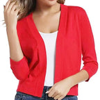 Red Women's Open-Front Cropped Cardigan with 3/4 Sleeves — Nia - Front Hand Hair