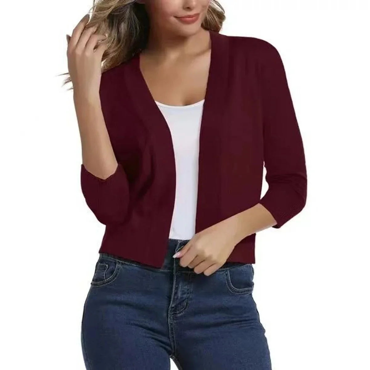 N/A Women's Cropped Cardigan with Open-Front & 3/4 Sleeves - Front Pose Wine