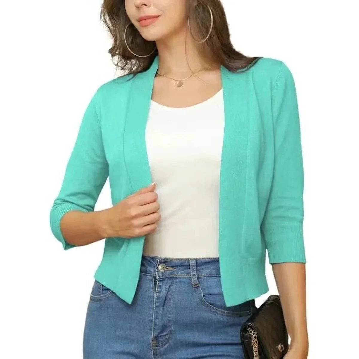 Deep Navy Blue Women's Cropped Cardigan with Open-Front & 3/4 Sleeves