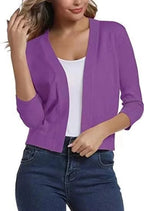 Purple Women's Cropped Cardigan with Open-Front & 3/4 Sleeves