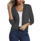 Gray Women's Cropped Cardigan with Open-Front & 3/4 Sleeves