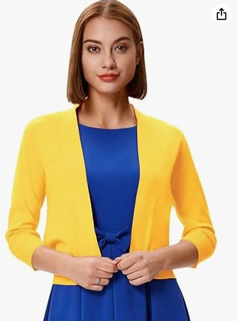 Yellow Women's Cropped Cardigan with Open-Front & 3/4 Sleeves