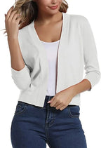 White Women's Cropped Cardigan with Open-Front & 3/4 Sleeves