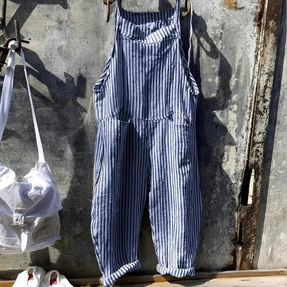 Blue Women's Striped Overalls with Adjustable Straps & Relaxed Fit — Morgan