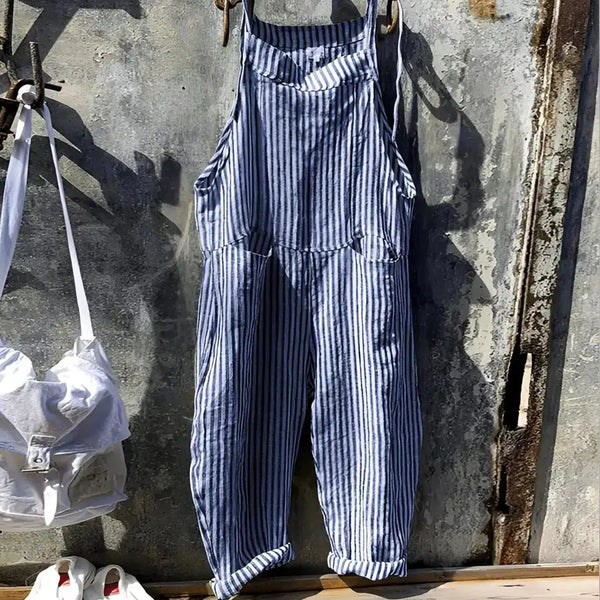 Blue Women's Striped Overalls with Adjustable Straps & Relaxed Fit — Morgan