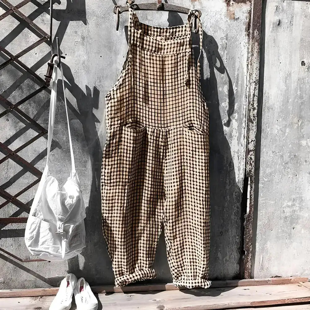 Brown Women's Striped Overalls with Adjustable Straps & Relaxed Fit — Morgan