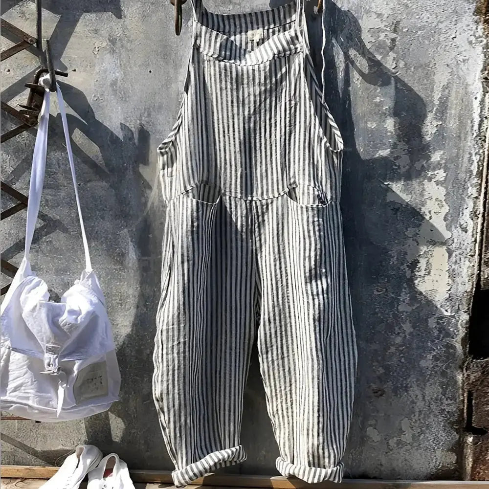 Gray Women's Striped Overalls with Adjustable Straps & Relaxed Fit — Morgan
