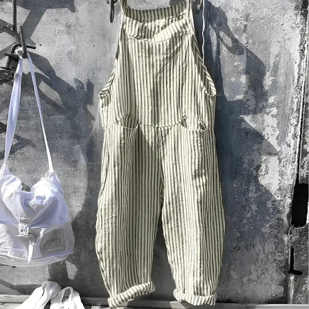 Green Women's Striped Overalls with Adjustable Straps & Relaxed Fit — Morgan