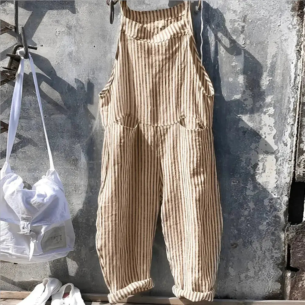Light Brown Women's Striped Overalls with Adjustable Straps & Relaxed Fit — Morgan