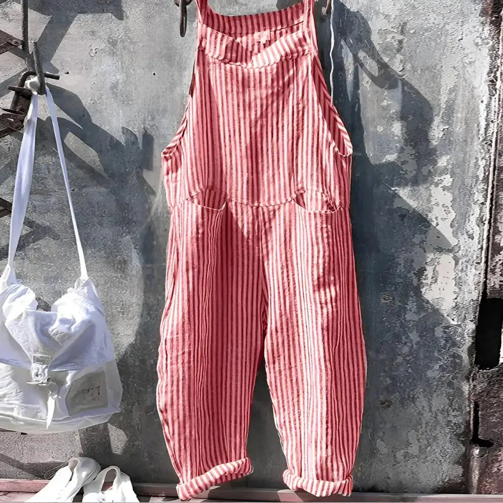 Red Women's Striped Overalls with Adjustable Straps & Relaxed Fit — Morgan