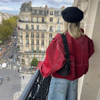Wine Red Women's Oversized Quilted Bomber Jacket with Contrast Stitching & Zip Front - Back Balcony View