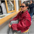 Wine Red Women's Oversized Quilted Bomber Jacket with Contrast Stitching & Zip Front - Cafe Seated Side