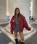 Wine Red Women's Oversized Quilted Bomber Jacket with Contrast Stitching & Zip Front - Front Full