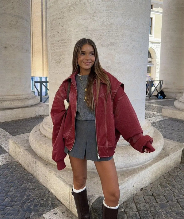 Wine Red Women's Oversized Quilted Bomber Jacket with Contrast Stitching & Zip Front - Front Full