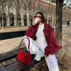 Wine Red Women's Oversized Quilted Bomber Jacket with Contrast Stitching & Zip Front - Outdoor Park Bench