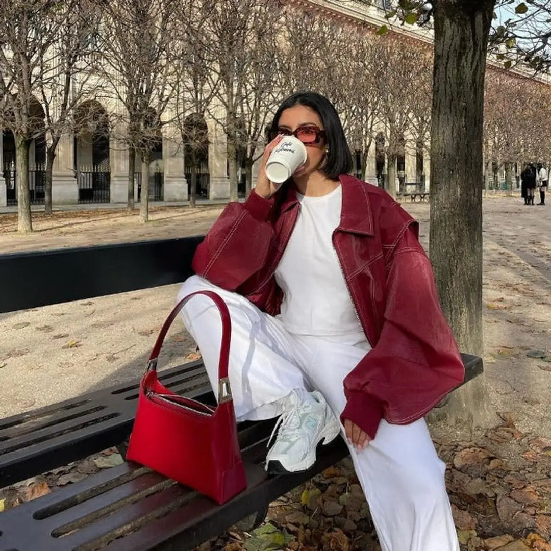 Wine Red Women's Oversized Quilted Bomber Jacket with Contrast Stitching & Zip Front - Outdoor Park Bench
