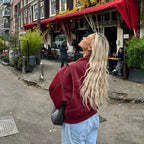 Wine Red Women's Oversized Quilted Bomber Jacket with Contrast Stitching & Zip Front - Street Back Pose