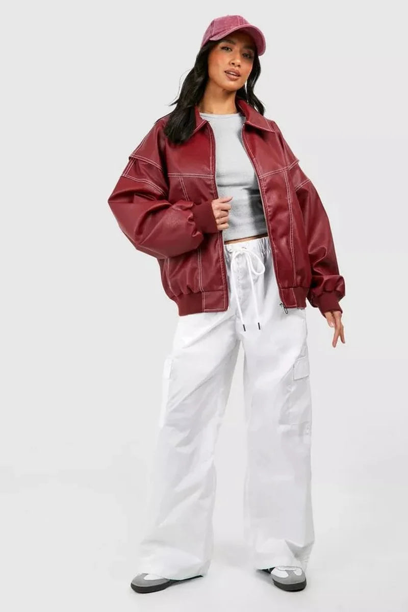 Wine Red Women's Oversized Quilted Bomber Jacket with Contrast Stitching & Zip Front - Studio Full Body
