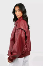 Wine Red Women's Oversized Quilted Bomber Jacket with Contrast Stitching & Zip Front - Studio Side Pose