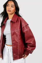 Wine Red Women's Oversized Quilted Bomber Jacket with Contrast Stitching & Zip Front