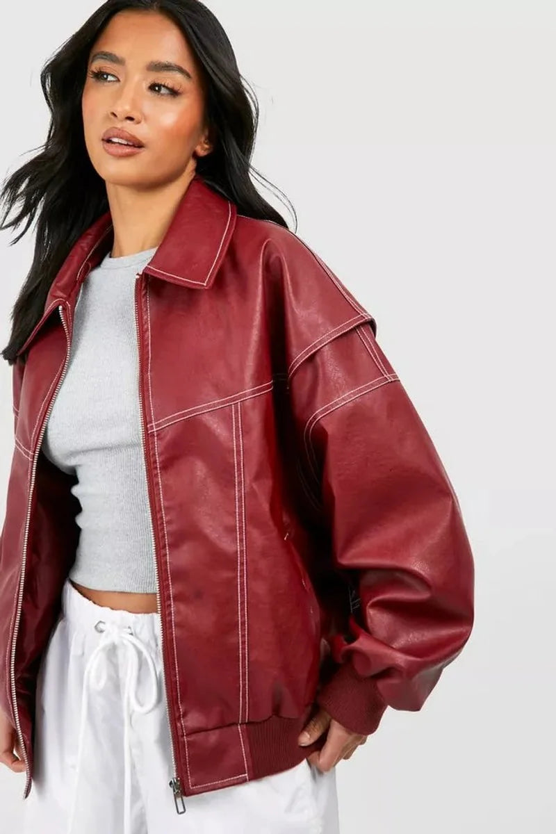 Wine Red Women's Oversized Quilted Bomber Jacket with Contrast Stitching & Zip Front