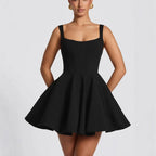 Black Women's A-Line Cocktail Mini Dress with Oversized Bow Back — Posy - Close Up Neckline