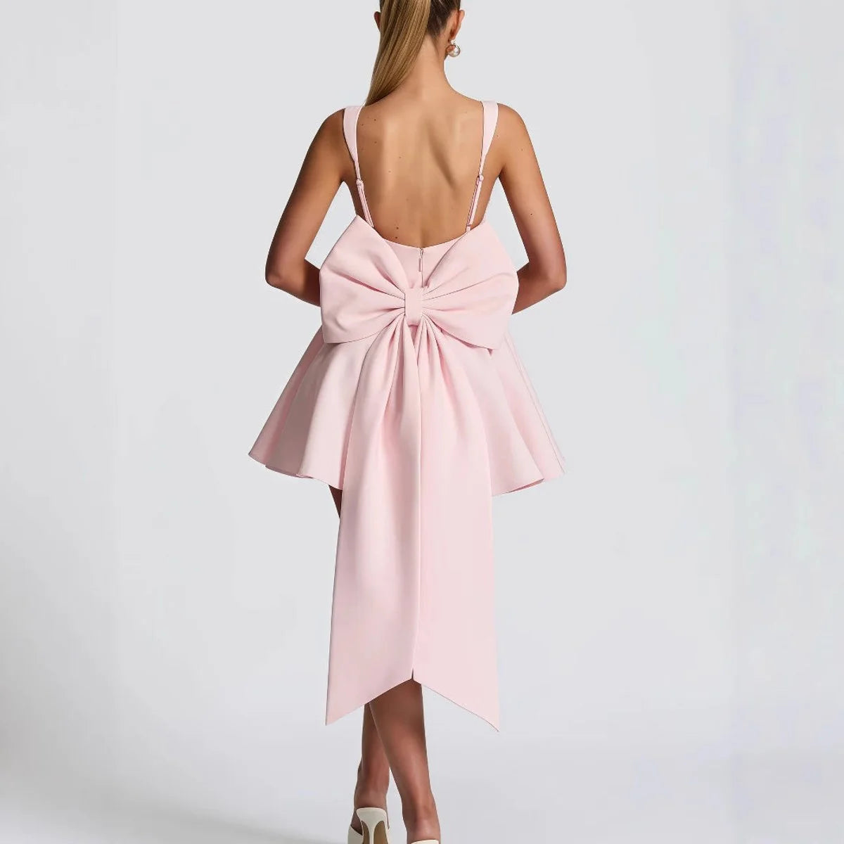 Pink Women's A-Line Cocktail Mini Dress with Oversized Bow Back — Posy - Back Detail