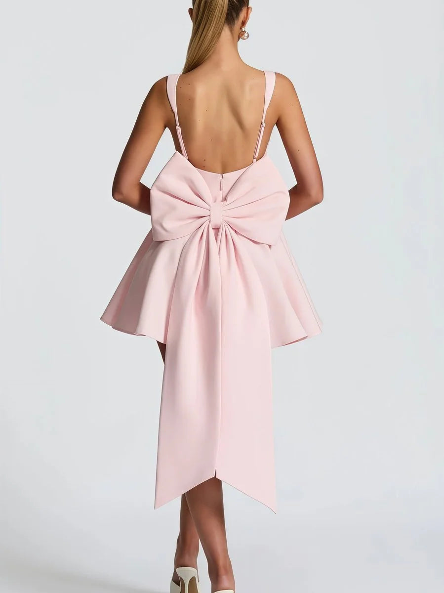 Pink Women's A-Line Cocktail Mini Dress with Oversized Bow Back