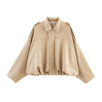 Beige Women's Faux Suede Bomber Jacket with Oversized Fit & Drop-Shoulder Sleeves