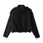 Black Women's Faux Suede Bomber Jacket with Oversized Fit & Drop-Shoulder Sleeves