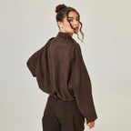 Brown Women's Faux Suede Bomber Jacket with Oversized Fit & Drop-Shoulder Sleeves — Lily - Back Pose