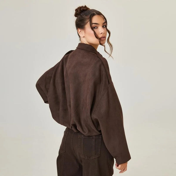 Brown Women's Faux Suede Bomber Jacket with Oversized Fit & Drop-Shoulder Sleeves — Lily - Back Pose