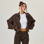 Brown Women's Faux Suede Bomber Jacket with Oversized Fit & Drop-Shoulder Sleeves